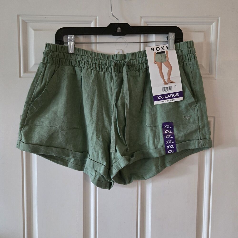 Roxy Womens XXL Pull On Shorts Green Linen Blend Elastic Waist NWT